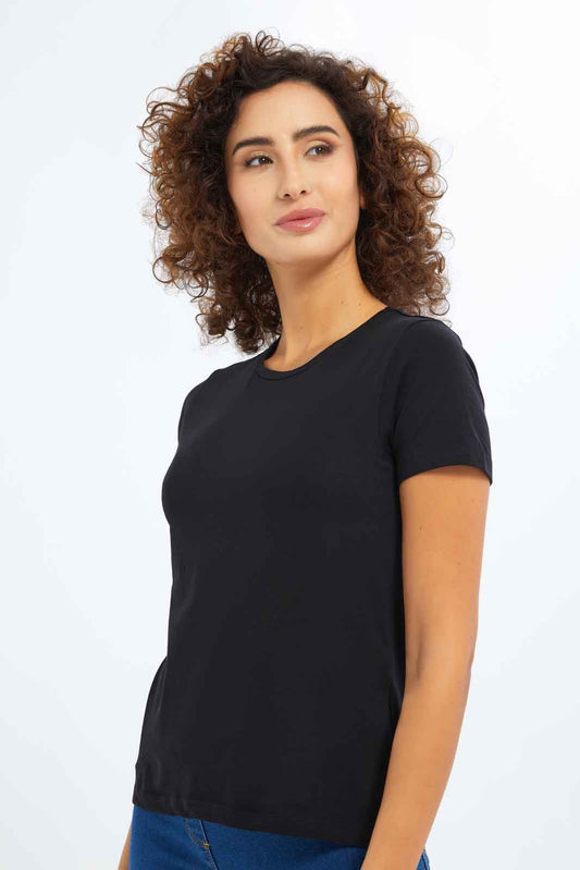 Redtag-Women-Black-Short-Sleeve-Crew-Neck-T-Shirt-Category:T-Shirts,-Colour:Black,-Deals:New-In,-Dept:Ladieswear,-Filter:Women's-Clothing,-New-In-Women-APL,-Non-Sale,-S23A,-Section:Women,-TBL,-Women-T-Shirts-Women's-