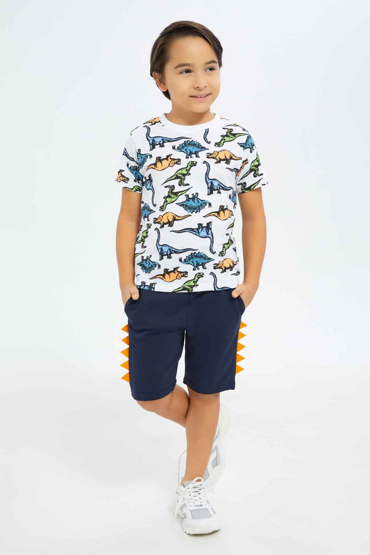 Redtag-Boys-White-Dino-Aop-T-Shirt-With-Terry-Bottom-BOY-Sets,-Category:Sets,-Colour:White,-Deals:New-In,-Dept:Boys,-Filter:Boys-(2-to-8-Yrs),-New-In-BOY-APL,-Non-Sale,-S23A,-Section:Boys-(0-to-14Yrs)-Boys-2 to 8 Years
