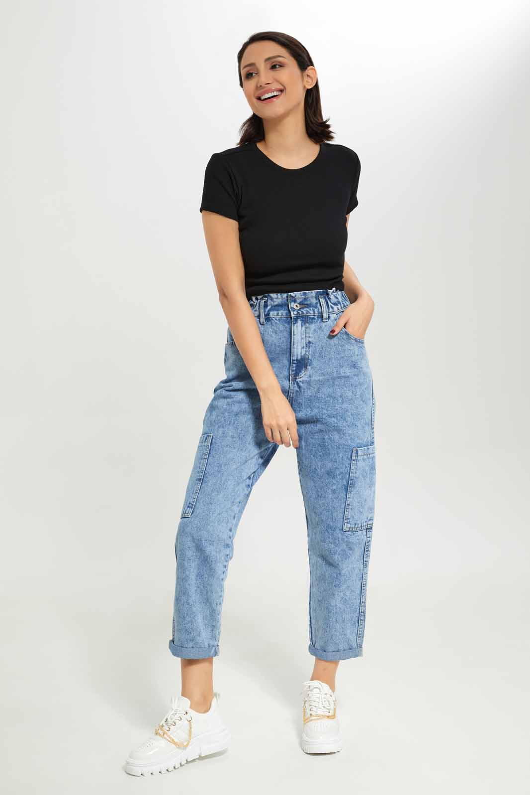 Redtag-Women-Black-Rib-Cropped-Tee-Category:T-Shirts,-Colour:Black,-Deals:New-In,-Dept:Ladieswear,-Filter:Women's-Clothing,-KSH,-New-In-Women-APL,-Non-Sale,-S23A,-Section:Women,-Women-T-Shirts-Women's-