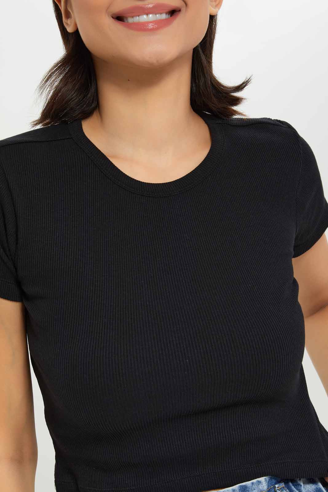 Redtag-Women-Black-Rib-Cropped-Tee-Category:T-Shirts,-Colour:Black,-Deals:New-In,-Dept:Ladieswear,-Filter:Women's-Clothing,-KSH,-New-In-Women-APL,-Non-Sale,-S23A,-Section:Women,-Women-T-Shirts-Women's-
