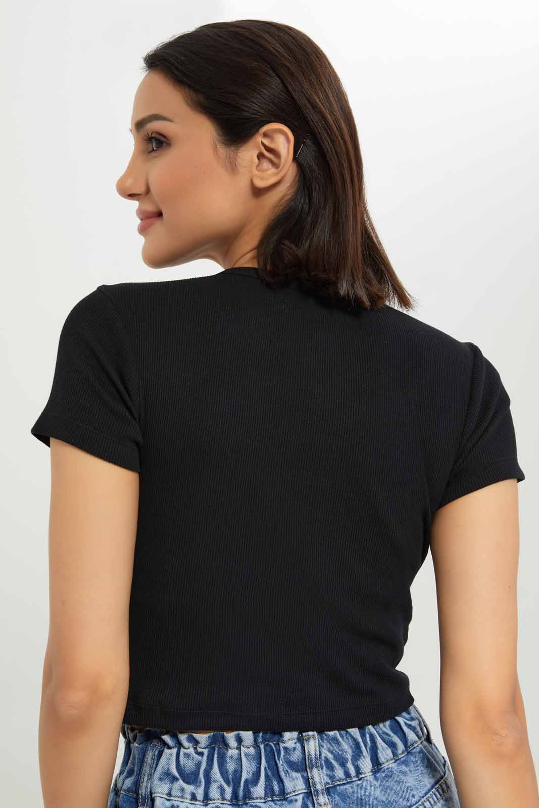 Redtag-Women-Black-Rib-Cropped-Tee-Category:T-Shirts,-Colour:Black,-Deals:New-In,-Dept:Ladieswear,-Filter:Women's-Clothing,-KSH,-New-In-Women-APL,-Non-Sale,-S23A,-Section:Women,-Women-T-Shirts-Women's-