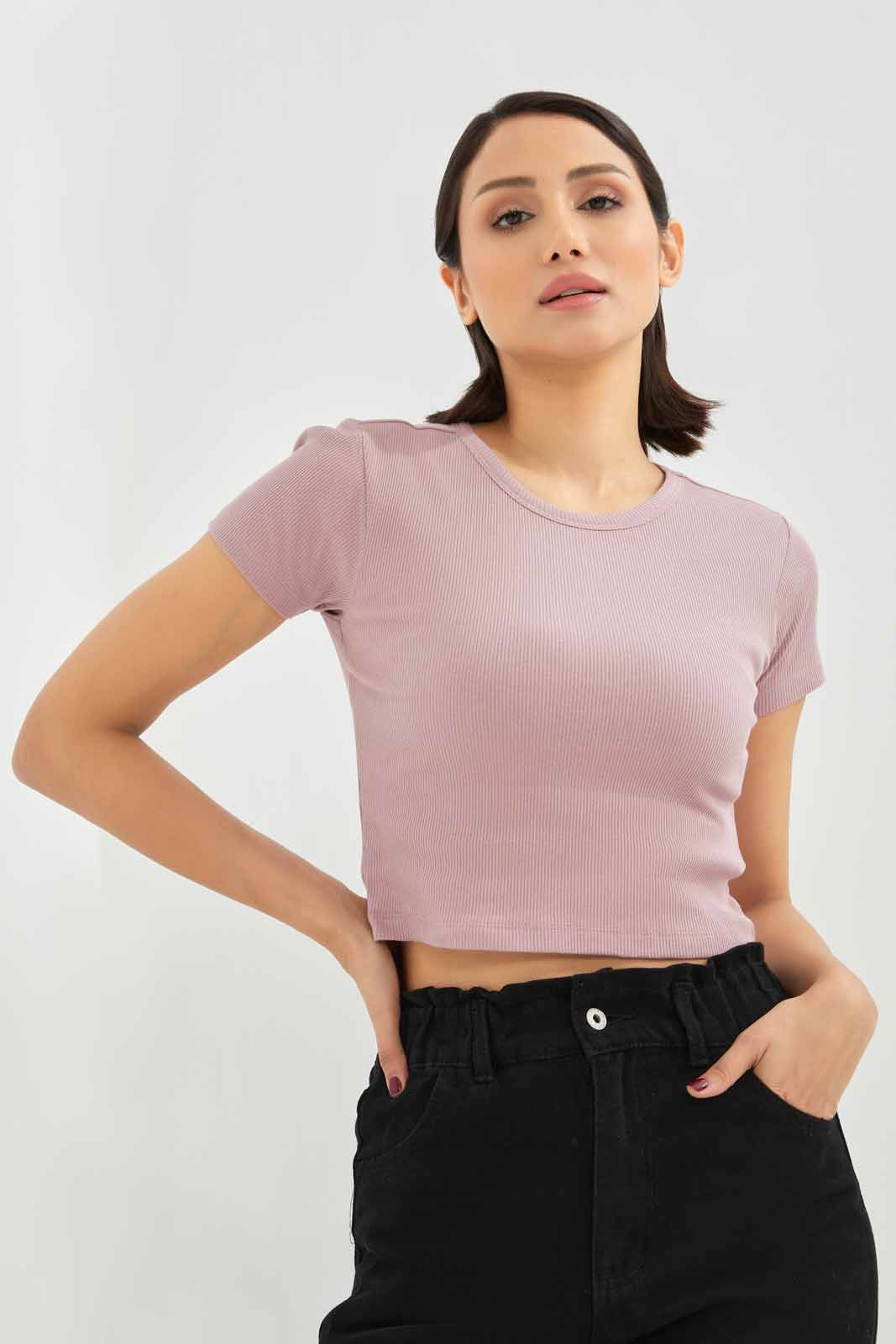 Redtag-Women-Mauverib-Cropped-Tee-Category:T-Shirts,-Colour:Mauve,-Deals:New-In,-Dept:Ladieswear,-Filter:Women's-Clothing,-KSH,-New-In-Women-APL,-Non-Sale,-S23A,-Section:Women,-Women-T-Shirts-Women's-