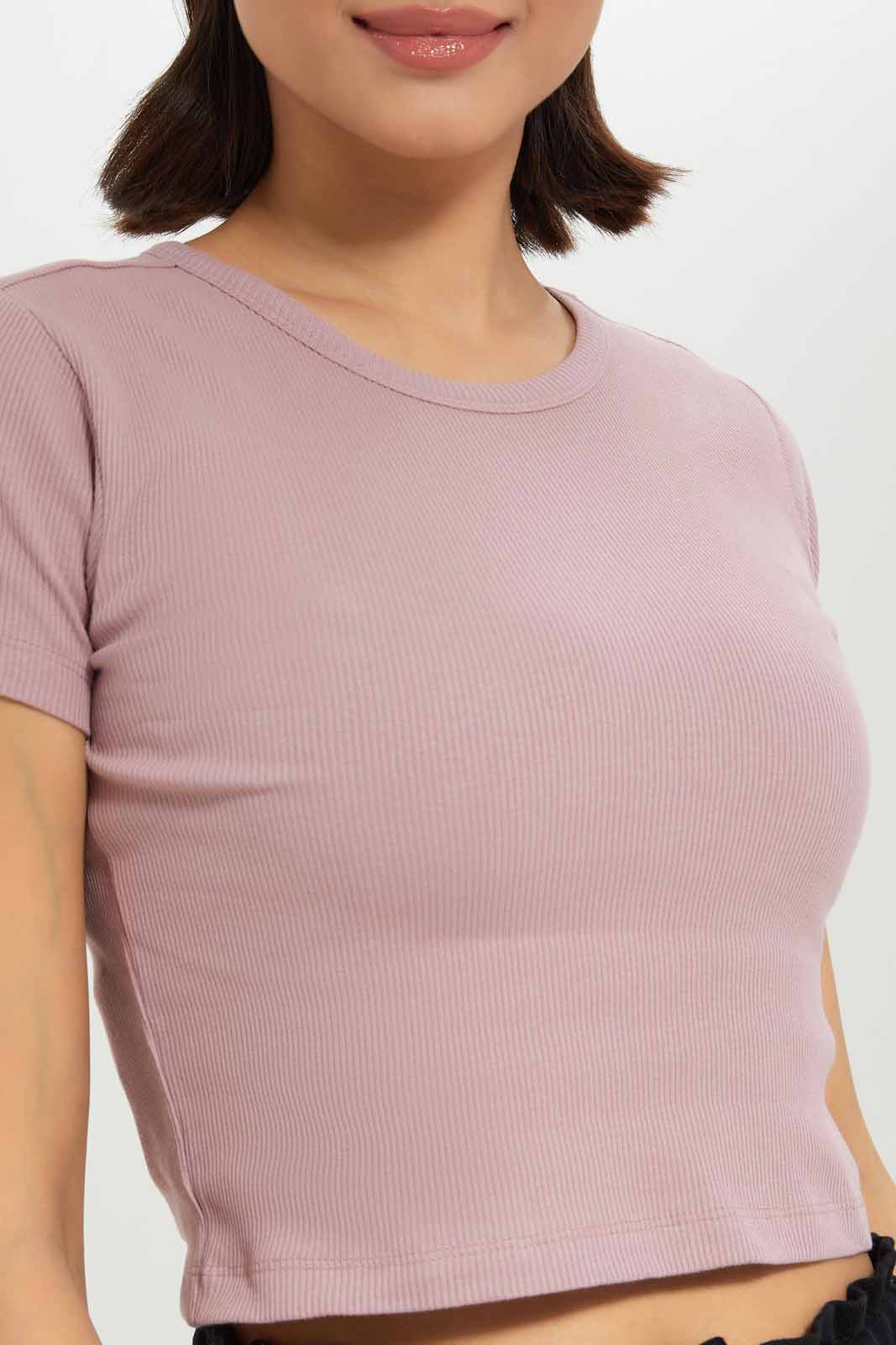 Redtag-Women-Mauverib-Cropped-Tee-Category:T-Shirts,-Colour:Mauve,-Deals:New-In,-Dept:Ladieswear,-Filter:Women's-Clothing,-KSH,-New-In-Women-APL,-Non-Sale,-S23A,-Section:Women,-Women-T-Shirts-Women's-