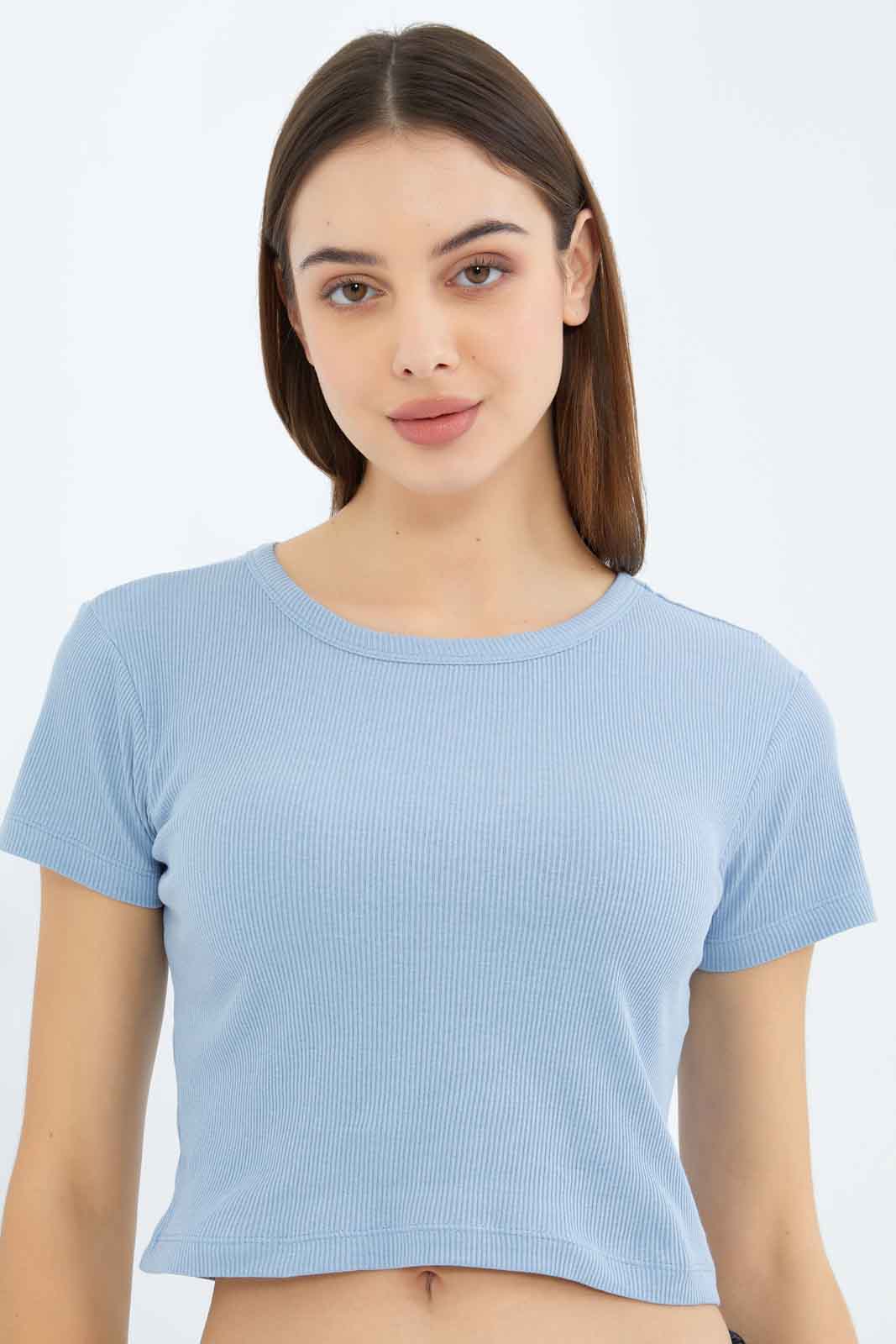 Redtag-Women-Blue-Rib-Cropped-Tee-Category:T-Shirts,-Colour:Blue,-Deals:2-FOR-37,-Deals:New-In,-Dept:Ladieswear,-Filter:Women's-Clothing,-KSH,-New-In-Women-APL,-Non-Sale,-S23A,-Section:Women,-Women-T-Shirts-Women's-
