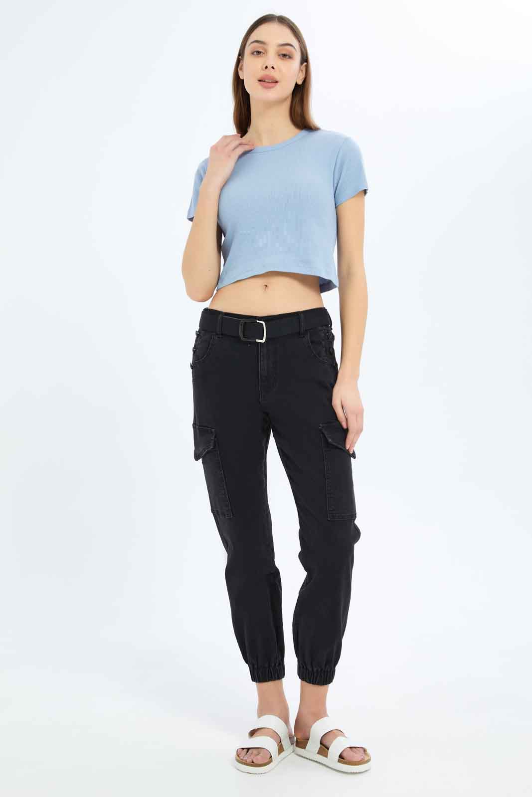 Redtag-Women-Blue-Rib-Cropped-Tee-Category:T-Shirts,-Colour:Blue,-Deals:2-FOR-37,-Deals:New-In,-Dept:Ladieswear,-Filter:Women's-Clothing,-KSH,-New-In-Women-APL,-Non-Sale,-S23A,-Section:Women,-Women-T-Shirts-Women's-