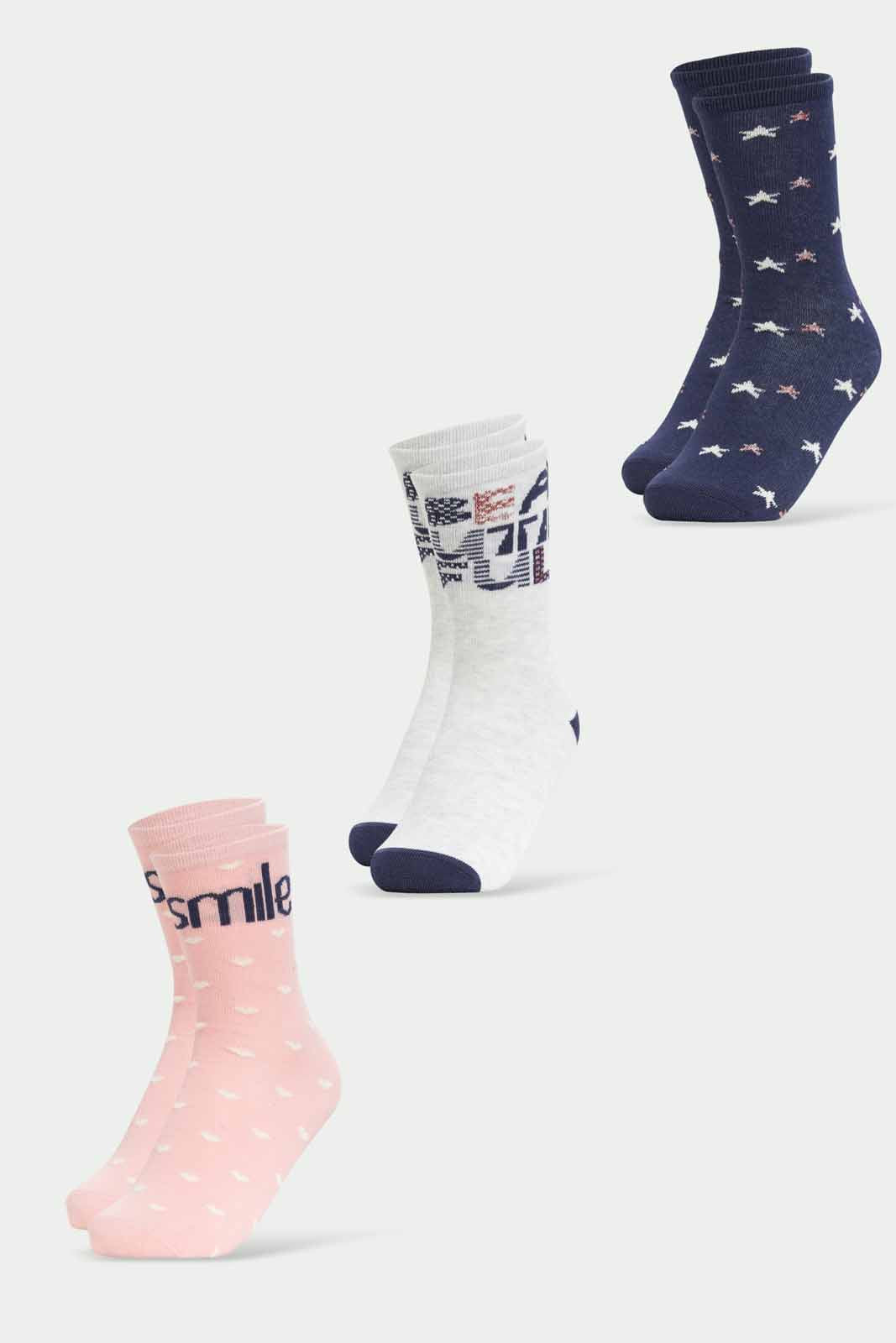 Redtag-Girls-Smile-Pink-And-Blue-Assorted-Pack--Pack-Of-3-365,-Category:Socks,-Colour:Assorted,-Deals:New-In,-Dept:Girls,-Filter:Girls-(2-to-8-Yrs),-GIR-Socks,-New-In-GIR-APL,-Non-Sale,-Section:Girls-(0-to-14Yrs)-Girls-
