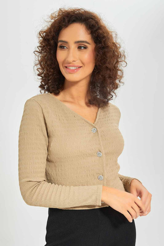 Redtag-Women-Brown-Front-Button-Crinkle-Jersey-Cardigan-Category:Cardigans,-Colour:Brown,-Deals:New-In,-Dept:Ladieswear,-Filter:Women's-Clothing,-New-In-Women-APL,-Non-Sale,-S23A,-Section:Women,-Women-Cardigans-Women's-