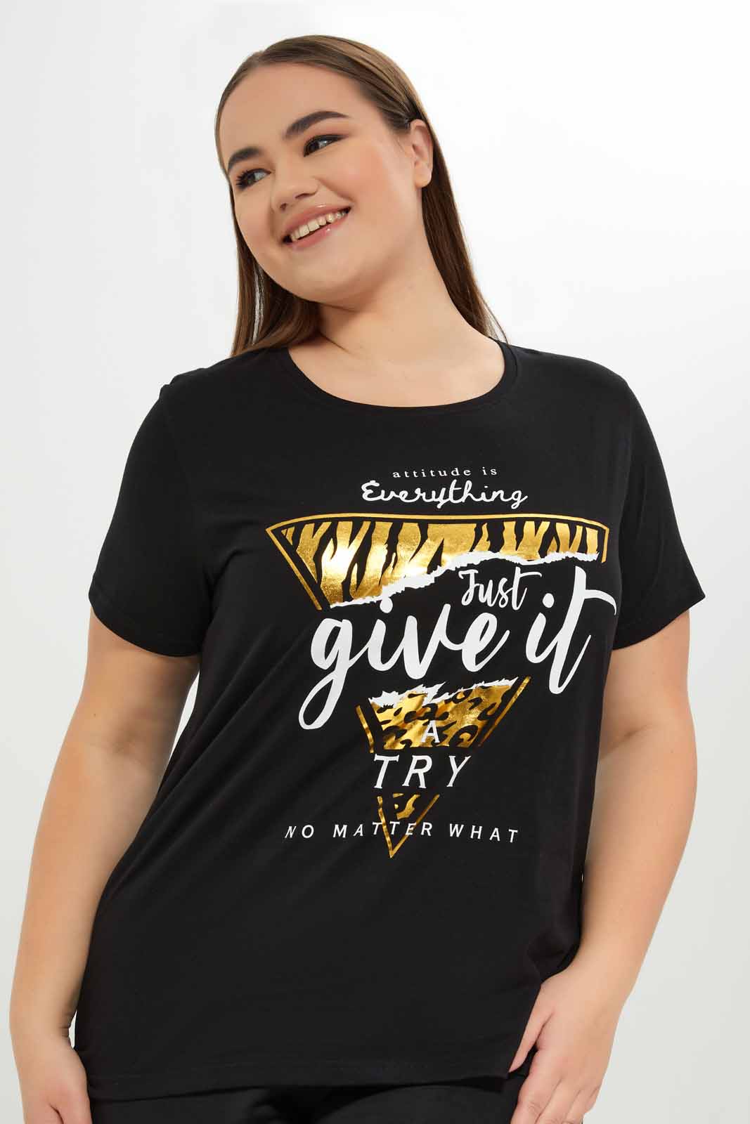 Redtag-Women-Black-Graphic-T-Shirt-Category:T-Shirts,-Colour:Black,-Deals:New-In,-Dept:Ladieswear,-Filter:Plus-Size,-LDP-T-Shirts,-New-In-LDP-APL,-Non-Sale,-S23A,-Section:Women,-TBL-Women's-