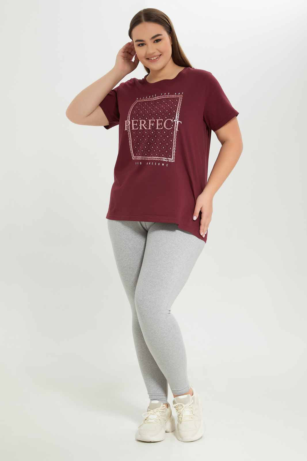 Redtag-Women-Burgandy-Graphic-T-Shirt-Category:T-Shirts,-Colour:Burgundy,-Deals:New-In,-Dept:Ladieswear,-Filter:Plus-Size,-LDP-T-Shirts,-New-In-LDP-APL,-Non-Sale,-S23A,-Section:Women,-TBL-Women's-