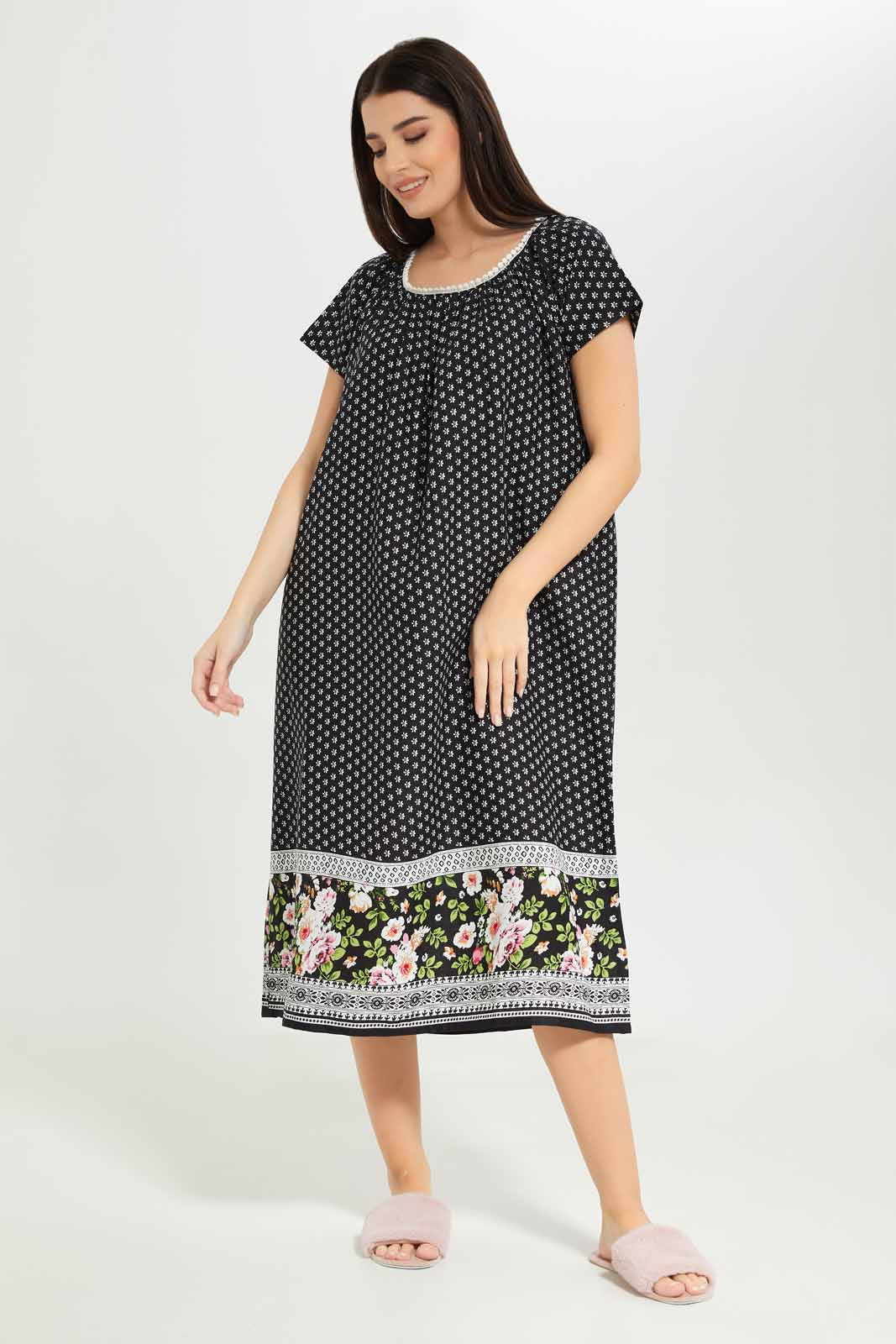 Redtag-Women-Black-Colorshort-Sleeve-Printed-Night-Gown-Category:Nightgowns,-Colour:Assorted,-Deals:New-In,-Dept:Ladieswear,-Filter:Women's-Clothing,-New-In-Women-APL,-Non-Sale,-S23A,-Section:Women,-Women-Nightgowns--