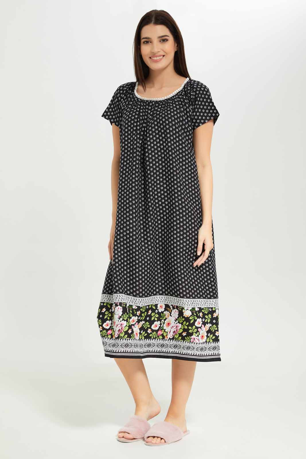 Redtag-Women-Black-Colorshort-Sleeve-Printed-Night-Gown-Category:Nightgowns,-Colour:Assorted,-Deals:New-In,-Dept:Ladieswear,-Filter:Women's-Clothing,-New-In-Women-APL,-Non-Sale,-S23A,-Section:Women,-Women-Nightgowns--