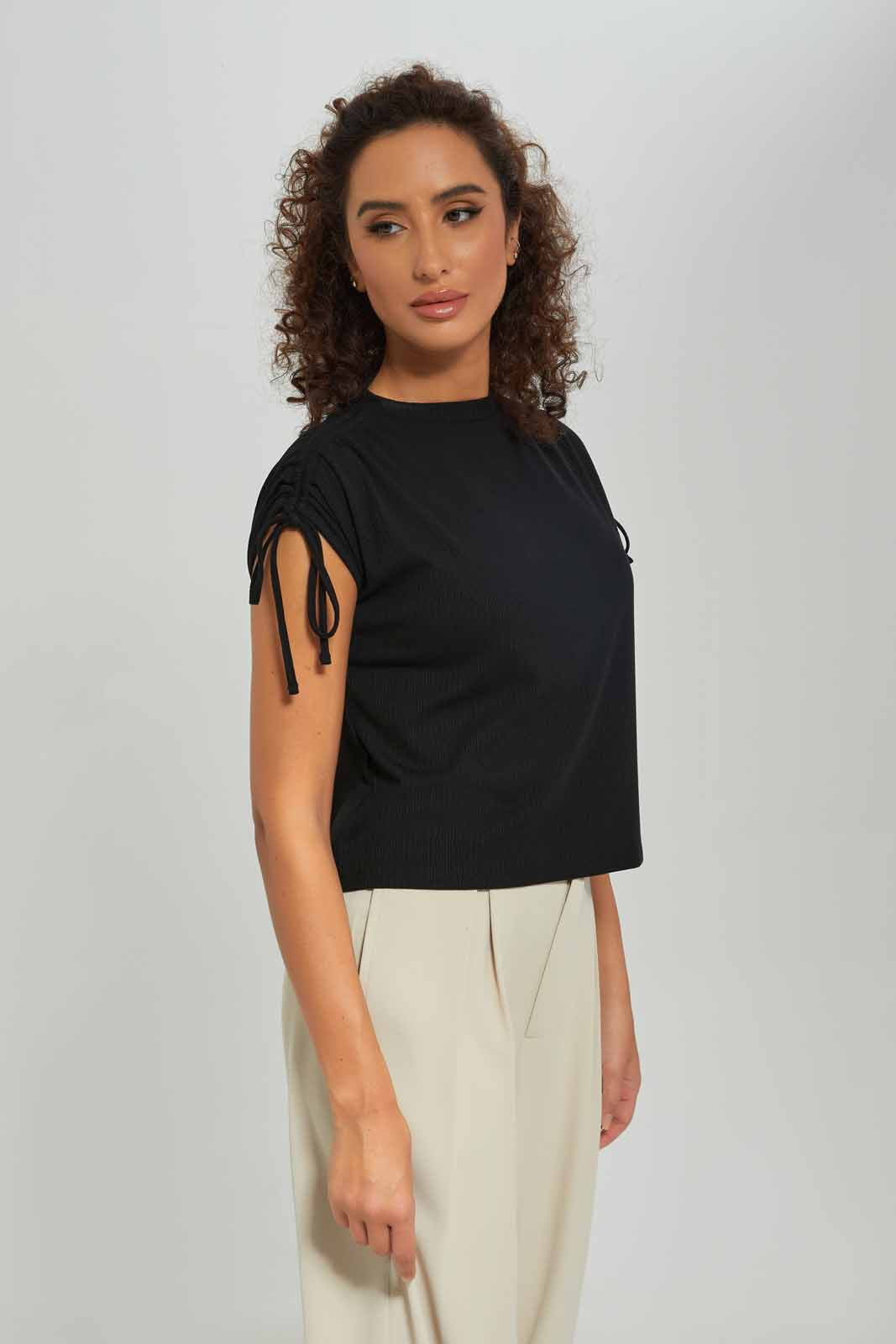 Redtag-Women-Black-Ruched-Shoulder-Top-Category:T-Shirts,-Colour:Black,-Deals:New-In,-Dept:Ladieswear,-Filter:Women's-Clothing,-New-In-Women-APL,-Non-Sale,-S23A,-Section:Women,-Women-T-Shirts-Women's-