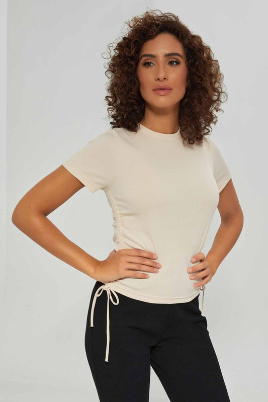 Redtag-Women-Nude-Side-Ruched-Top-Category:T-Shirts,-Colour:Beige,-Deals:New-In,-Dept:Ladieswear,-Filter:Women's-Clothing,-New-In-Women-APL,-Non-Sale,-S23A,-Section:Women,-Women-T-Shirts-Women's-