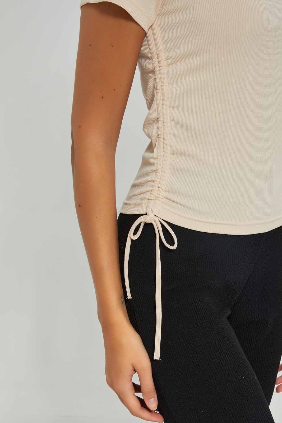 Redtag-Women-Nude-Side-Ruched-Top-Category:T-Shirts,-Colour:Beige,-Deals:New-In,-Dept:Ladieswear,-Filter:Women's-Clothing,-New-In-Women-APL,-Non-Sale,-S23A,-Section:Women,-Women-T-Shirts-Women's-