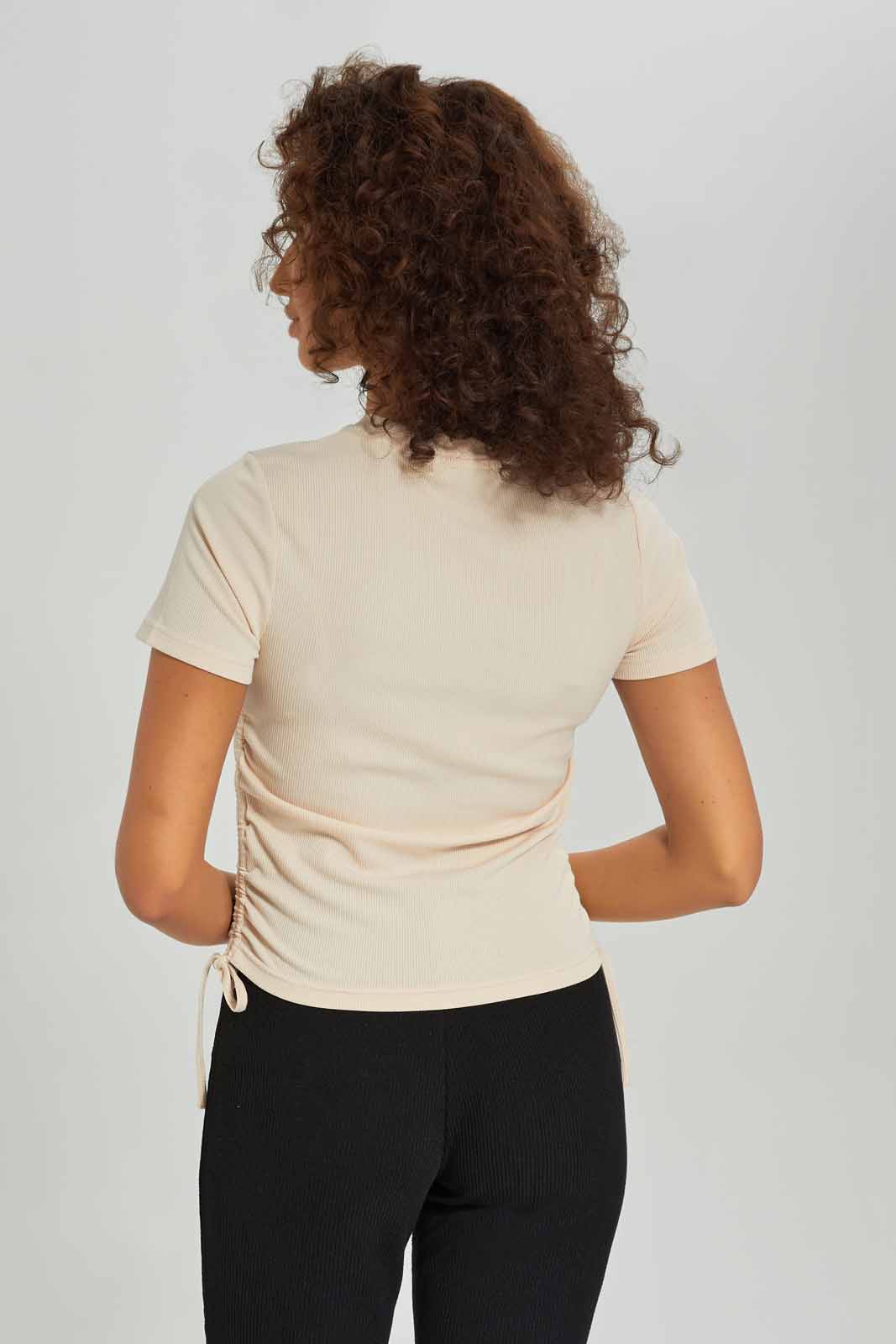 Redtag-Women-Nude-Side-Ruched-Top-Category:T-Shirts,-Colour:Beige,-Deals:New-In,-Dept:Ladieswear,-Filter:Women's-Clothing,-New-In-Women-APL,-Non-Sale,-S23A,-Section:Women,-Women-T-Shirts-Women's-