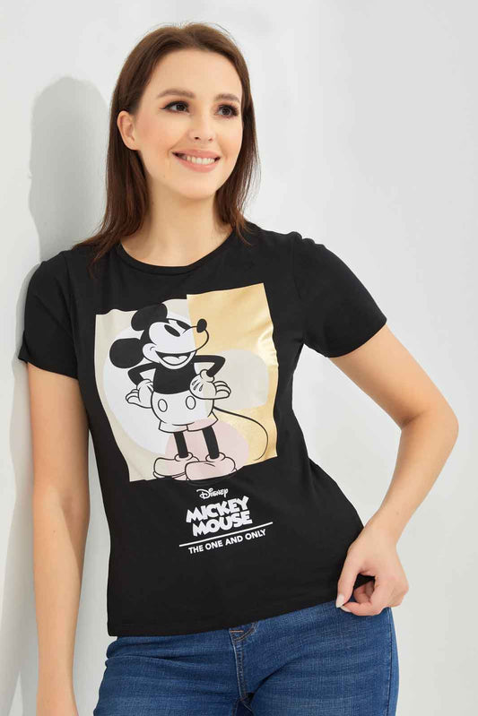 Redtag-Women-Black-Mickey-Mouse-Printed-T-Shirt-Category:T-Shirts,-CHA,-Colour:Black,-Deals:New-In,-Dept:Ladieswear,-Filter:Women's-Clothing,-New-In-Women-APL,-Non-Sale,-S23A,-Section:Women,-TBL,-Women-T-Shirts-Women's-