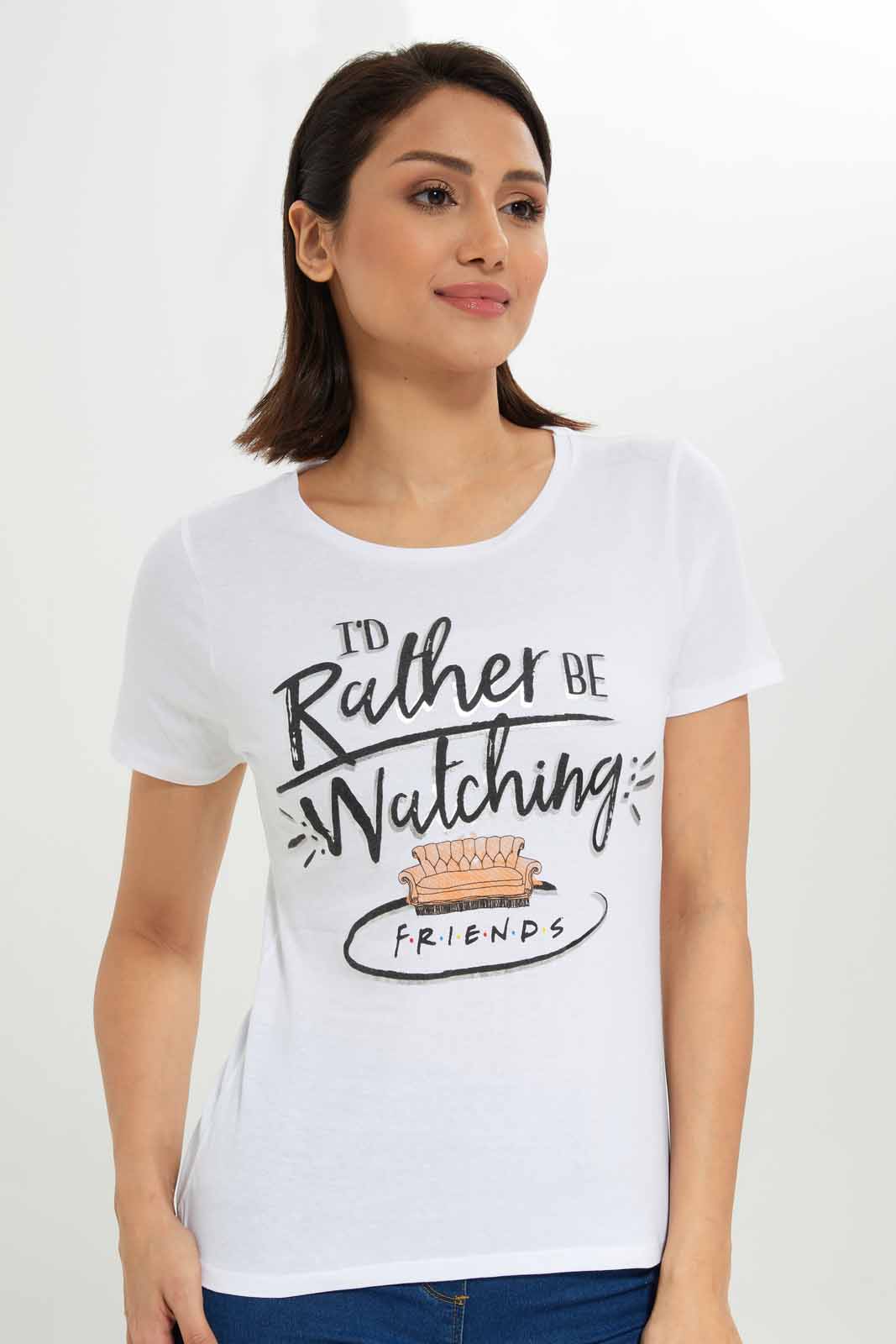 Redtag-Women-White-Friends-Printed-T-Shirt-Category:T-Shirts,-CHA,-Colour:White,-Deals:New-In,-Dept:Ladieswear,-Filter:Women's-Clothing,-New-In-Women-APL,-Non-Sale,-S23A,-Section:Women,-TBL,-Women-T-Shirts-Women's-