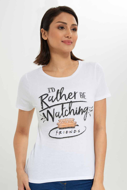Redtag-Women-White-Friends-Printed-T-Shirt-Category:T-Shirts,-CHA,-Colour:White,-Deals:New-In,-Dept:Ladieswear,-Filter:Women's-Clothing,-New-In-Women-APL,-Non-Sale,-S23A,-Section:Women,-TBL,-Women-T-Shirts-Women's-