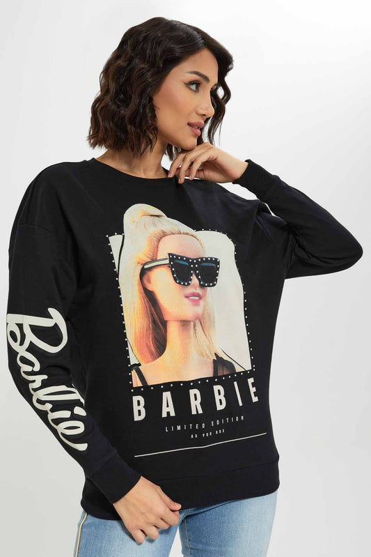 Redtag-Women-Black-Barbie-Printed-Sweatshirt-Category:Sweatshirts,-Colour:Black,-Deals:New-In,-Dept:Ladieswear,-Filter:Women's-Clothing,-New-In-Women-APL,-Non-Sale,-S23A,-Section:Women,-TBL,-Women-Sweatshirts-Women's-