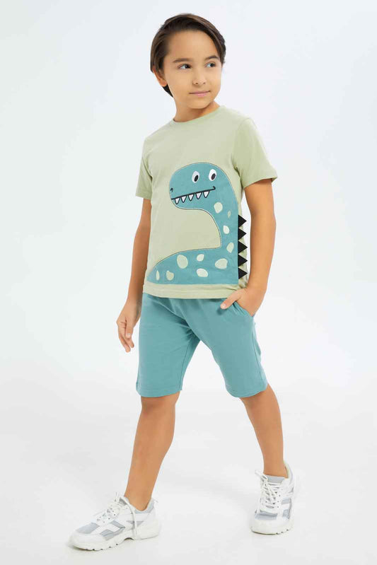Redtag-Boys-Mint-Dino-Applique-T-Shirt-With-Terry-Bottom-BOY-Sets,-Category:Sets,-Colour:Mint,-Deals:New-In,-Dept:Boys,-Filter:Boys-(2-to-8-Yrs),-New-In-BOY-APL,-Non-Sale,-S23A,-Section:Boys-(0-to-14Yrs)-Boys-2 to 8 Years