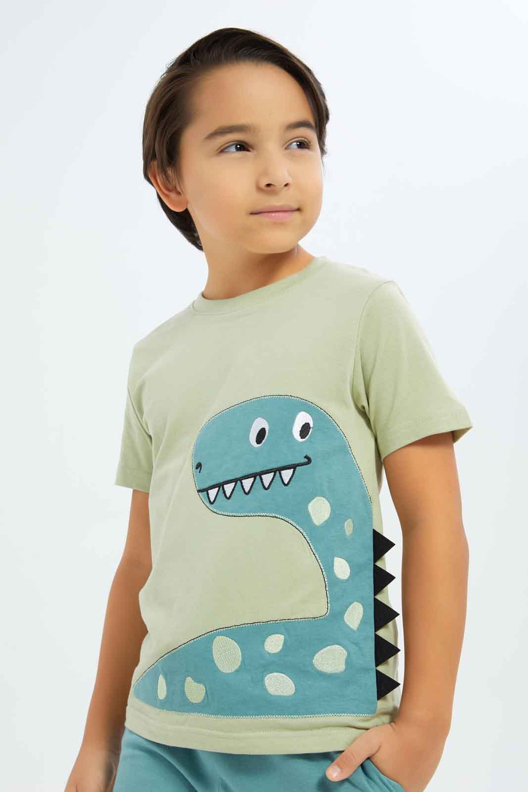 Redtag-Boys-Mint-Dino-Applique-T-Shirt-With-Terry-Bottom-BOY-Sets,-Category:Sets,-Colour:Mint,-Deals:New-In,-Dept:Boys,-Filter:Boys-(2-to-8-Yrs),-New-In-BOY-APL,-Non-Sale,-S23A,-Section:Boys-(0-to-14Yrs)-Boys-2 to 8 Years