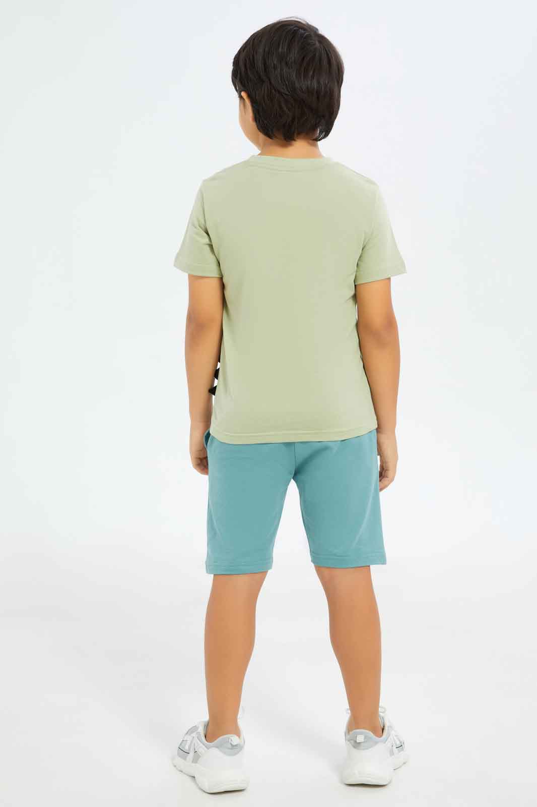 Redtag-Boys-Mint-Dino-Applique-T-Shirt-With-Terry-Bottom-BOY-Sets,-Category:Sets,-Colour:Mint,-Deals:New-In,-Dept:Boys,-Filter:Boys-(2-to-8-Yrs),-New-In-BOY-APL,-Non-Sale,-S23A,-Section:Boys-(0-to-14Yrs)-Boys-2 to 8 Years