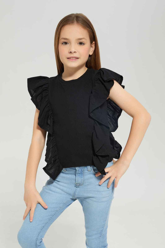 Redtag-Girls-Black-Ruffle-Detail-Jersey-Top--Black-Category:Jackets,-Colour:Black,-Deals:New-In,-Dept:Girls,-Filter:Girls-(2-to-8-Yrs),-GIR-Jackets,-New-In-GIR-APL,-Non-Sale,-S23A,-Section:Girls-(0-to-14Yrs)--
