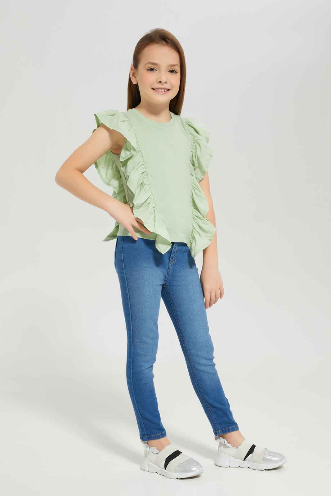 Redtag-Girls-Sage-Ruffle-Detail-Jersey-Top--Sage-Category:Jackets,-Colour:Green,-Deals:New-In,-Dept:Girls,-Filter:Girls-(2-to-8-Yrs),-GIR-Jackets,-New-In-GIR-APL,-Non-Sale,-S23A,-Section:Girls-(0-to-14Yrs)--