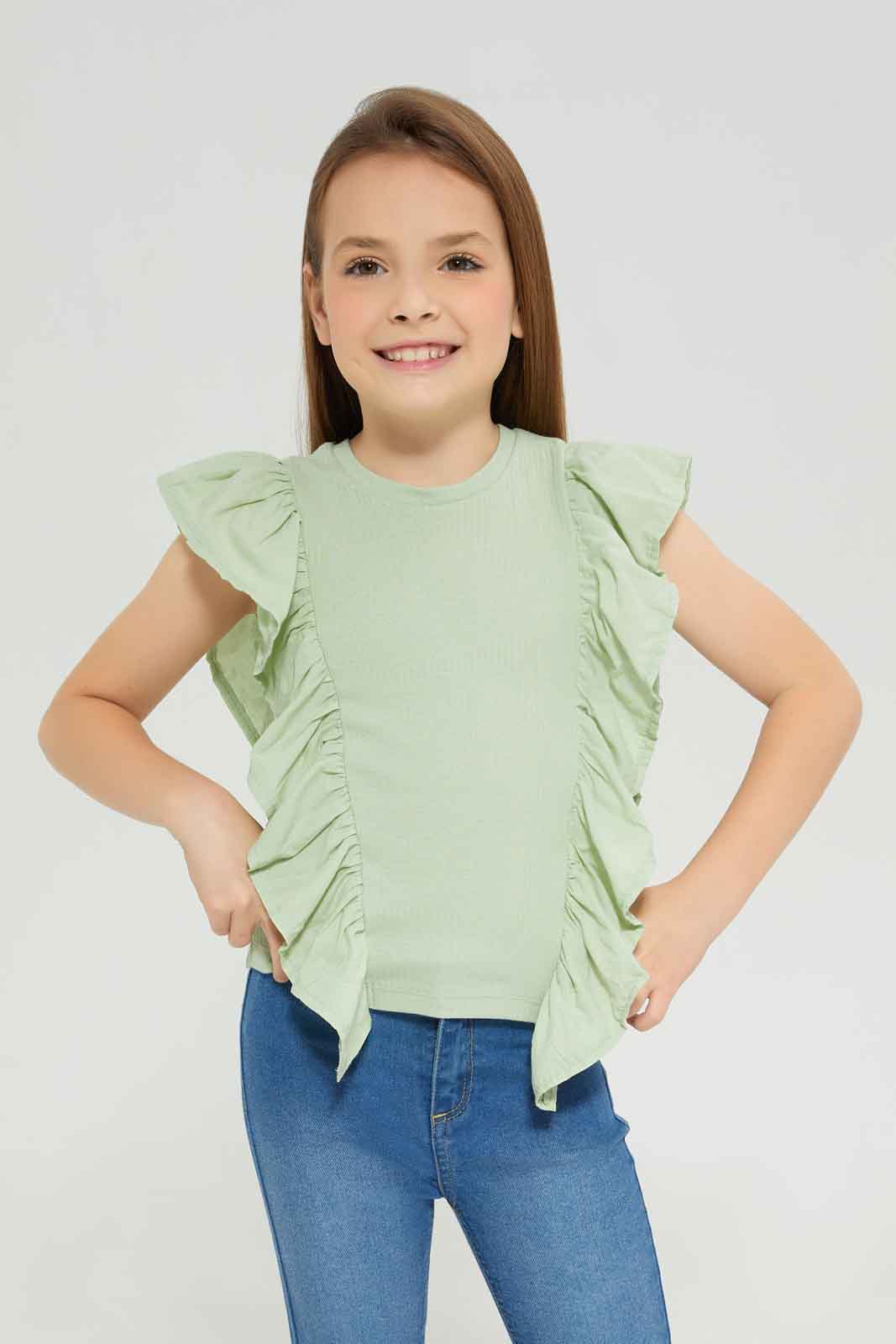 Redtag-Girls-Sage-Ruffle-Detail-Jersey-Top--Sage-Category:Jackets,-Colour:Green,-Deals:New-In,-Dept:Girls,-Filter:Girls-(2-to-8-Yrs),-GIR-Jackets,-New-In-GIR-APL,-Non-Sale,-S23A,-Section:Girls-(0-to-14Yrs)--