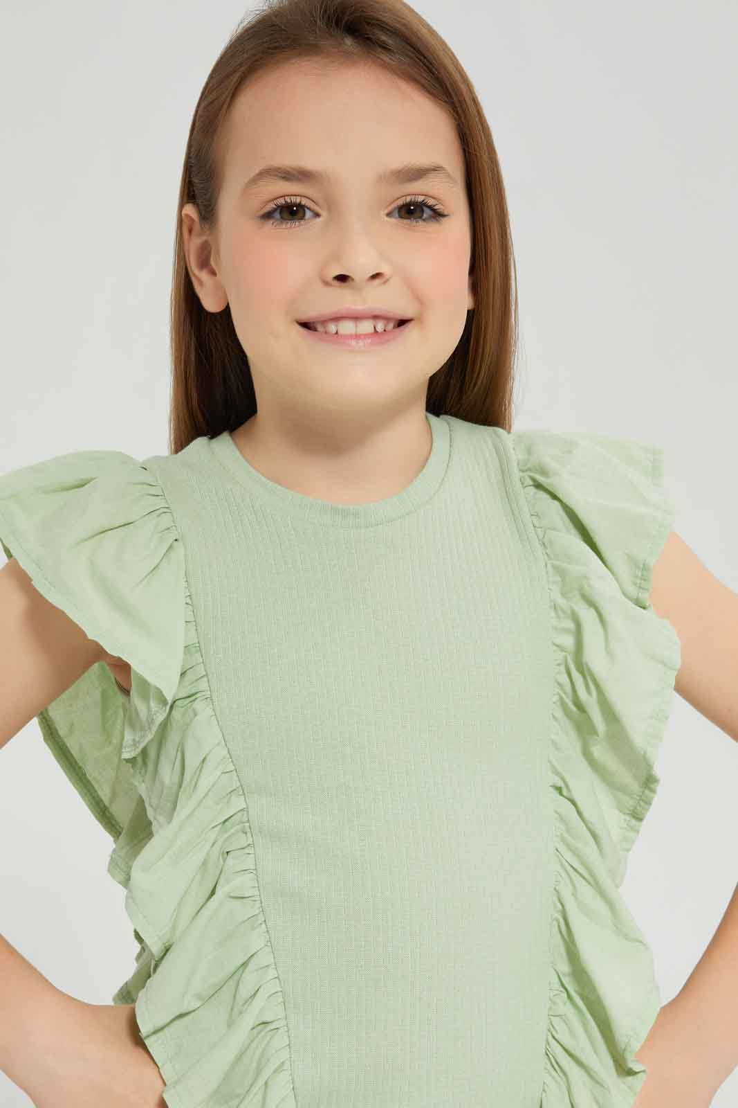 Redtag-Girls-Sage-Ruffle-Detail-Jersey-Top--Sage-Category:Jackets,-Colour:Green,-Deals:New-In,-Dept:Girls,-Filter:Girls-(2-to-8-Yrs),-GIR-Jackets,-New-In-GIR-APL,-Non-Sale,-S23A,-Section:Girls-(0-to-14Yrs)--