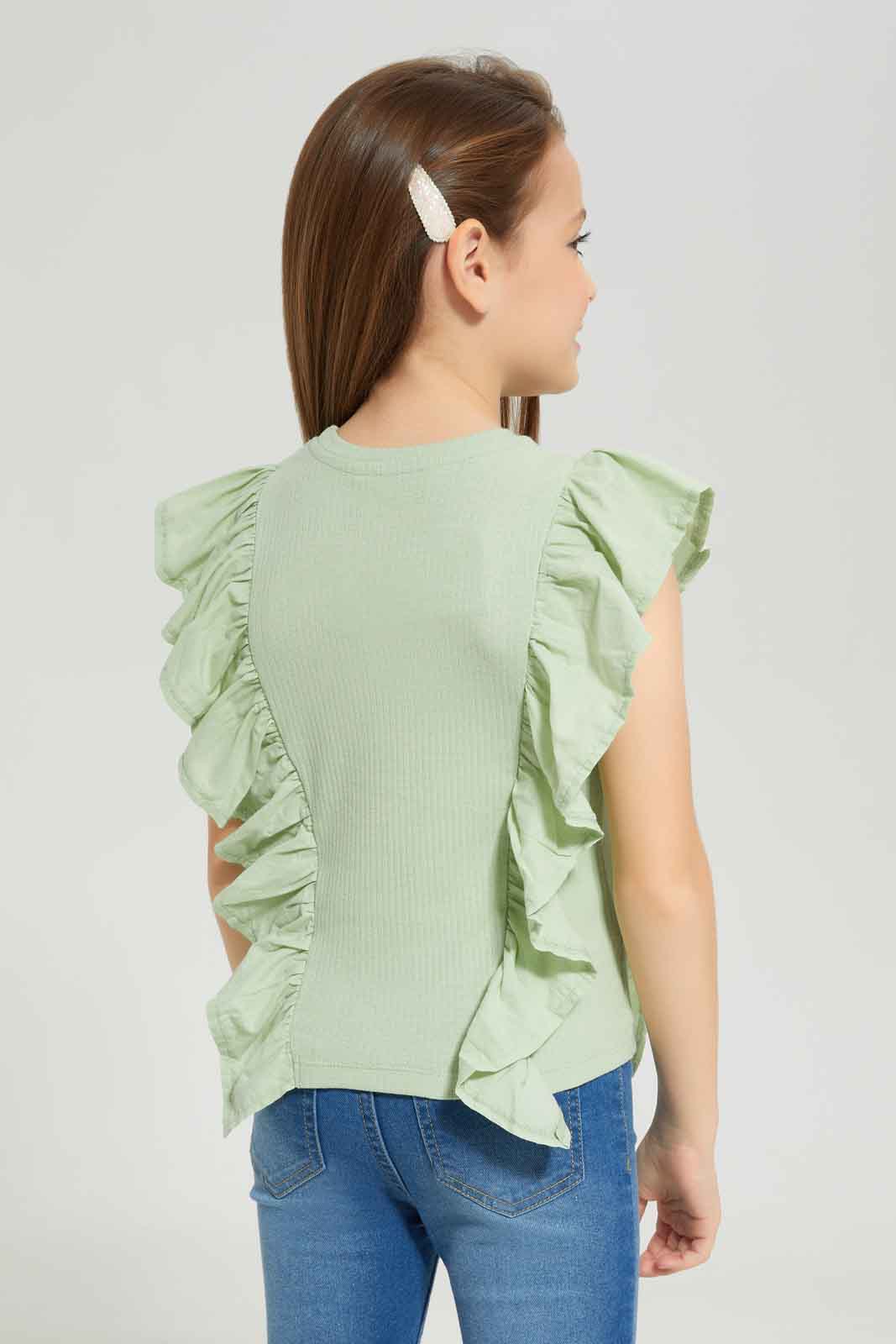Redtag-Girls-Sage-Ruffle-Detail-Jersey-Top--Sage-Category:Jackets,-Colour:Green,-Deals:New-In,-Dept:Girls,-Filter:Girls-(2-to-8-Yrs),-GIR-Jackets,-New-In-GIR-APL,-Non-Sale,-S23A,-Section:Girls-(0-to-14Yrs)--