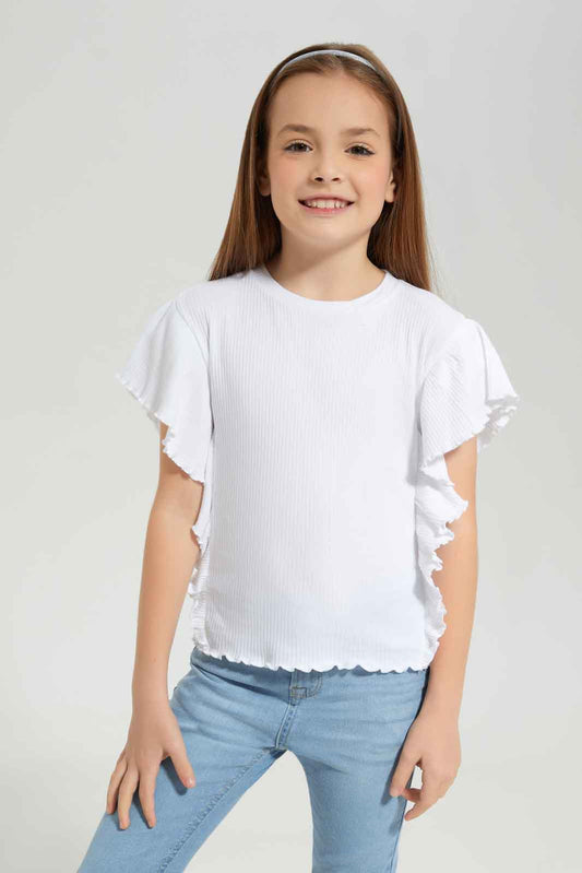 Redtag-Girls-White-Ruffle-Rib-Jersey-Top--White-Category:Jackets,-Colour:White,-Deals:New-In,-Dept:Girls,-Filter:Girls-(2-to-8-Yrs),-GIR-Jackets,-New-In-GIR-APL,-Non-Sale,-S23A,-Section:Girls-(0-to-14Yrs)--
