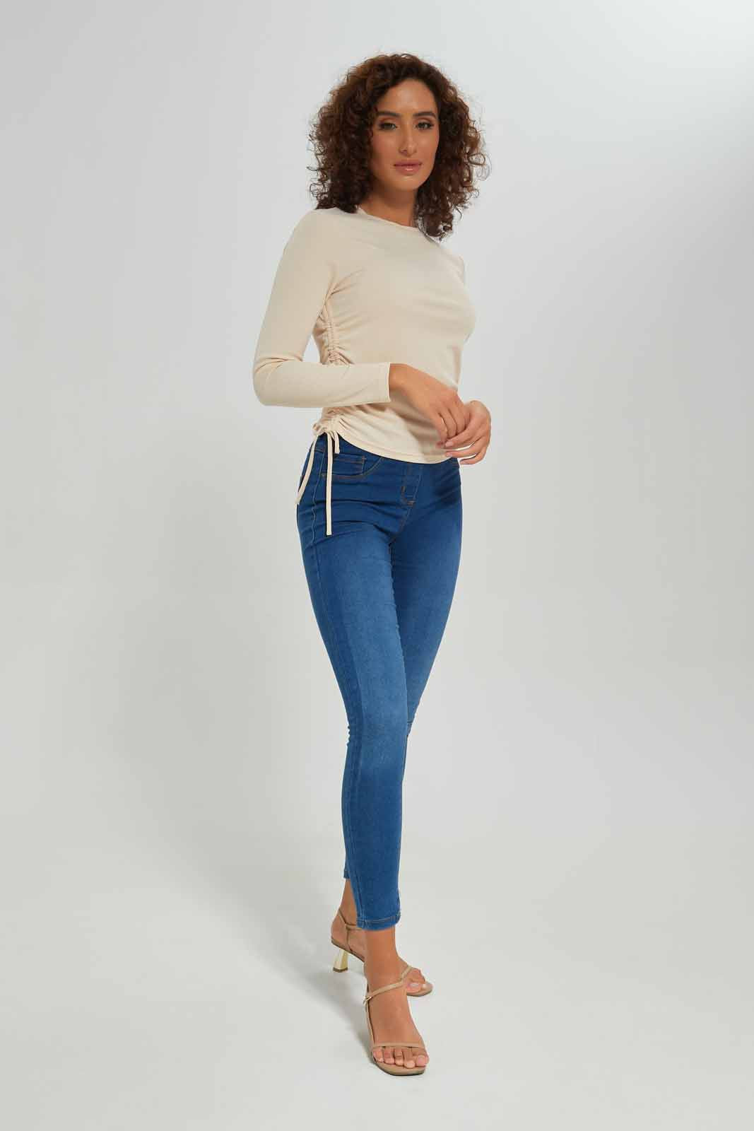 Redtag-Women-Long-Sleeve-Side-Ruched-Tshirt-Category:T-Shirts,-Colour:Beige,-Deals:New-In,-Dept:Ladieswear,-Filter:Women's-Clothing,-New-In-Women-APL,-Non-Sale,-S23A,-Section:Women,-TBL,-Women-T-Shirts-Women's-