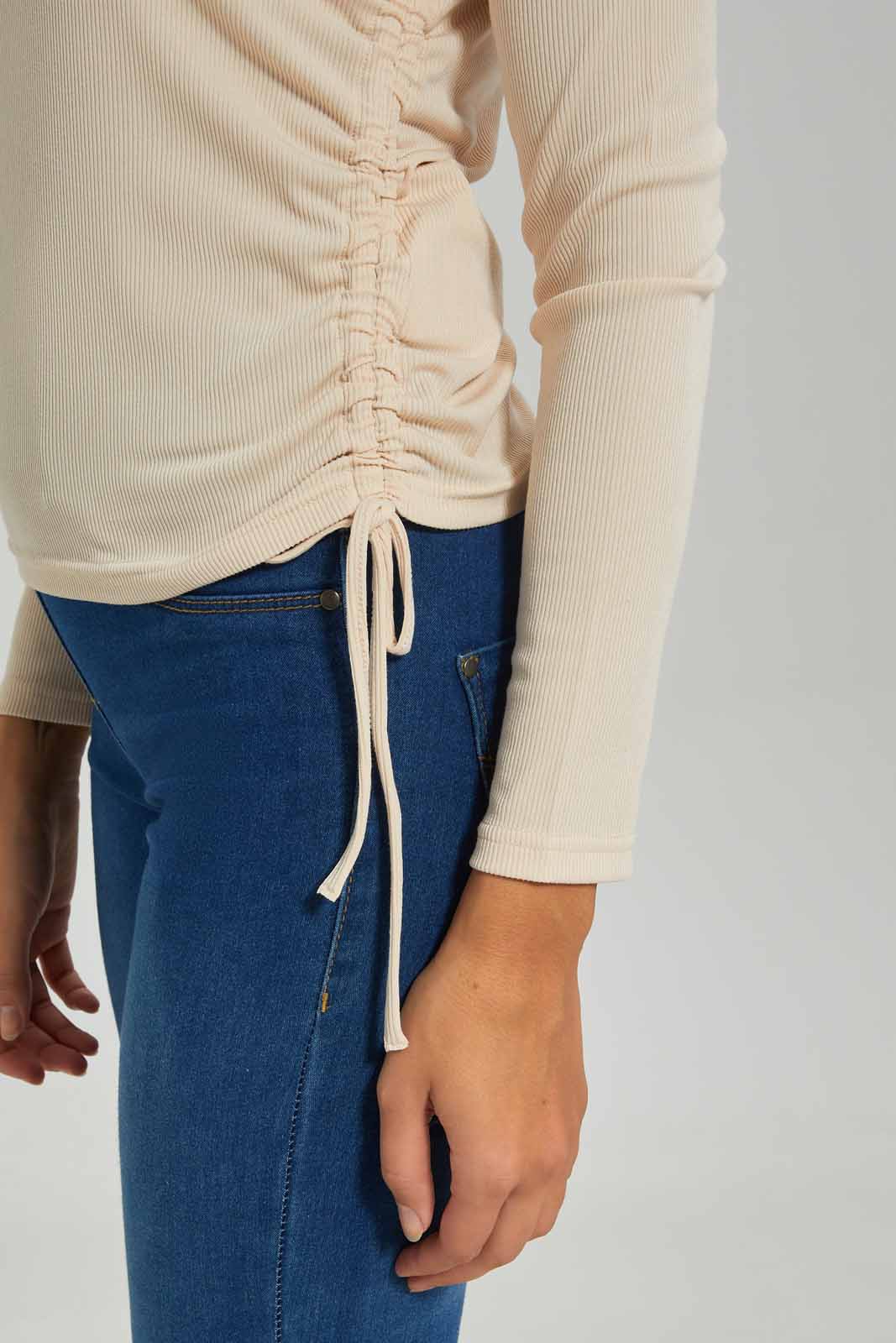 Redtag-Women-Long-Sleeve-Side-Ruched-Tshirt-Category:T-Shirts,-Colour:Beige,-Deals:New-In,-Dept:Ladieswear,-Filter:Women's-Clothing,-New-In-Women-APL,-Non-Sale,-S23A,-Section:Women,-TBL,-Women-T-Shirts-Women's-