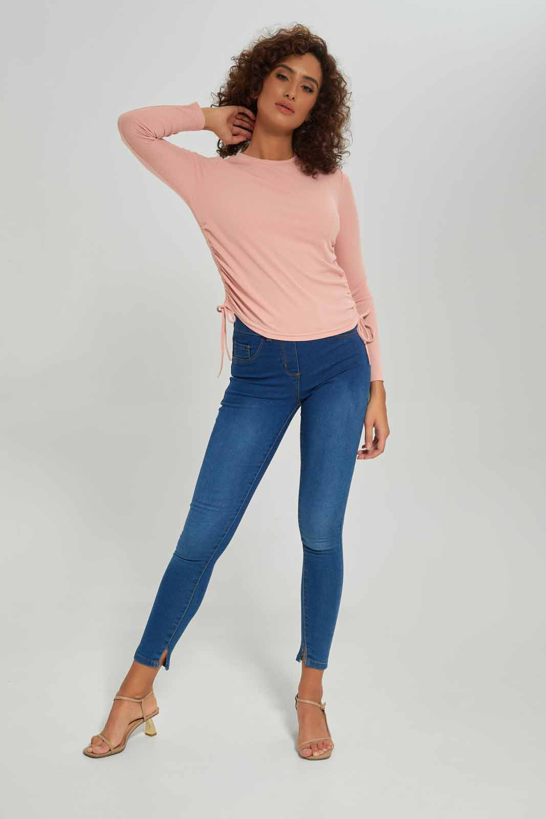 Redtag-Women-Long-Sleeve-Side-Ruched-Tshirt-Category:T-Shirts,-Colour:Apricot,-Deals:New-In,-Dept:Ladieswear,-Filter:Women's-Clothing,-New-In-Women-APL,-Non-Sale,-S23A,-Section:Women,-TBL,-Women-T-Shirts-Women's-