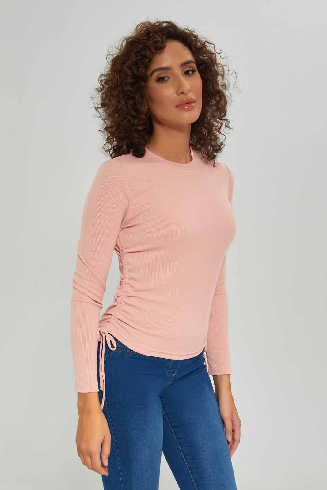 Redtag-Women-Long-Sleeve-Side-Ruched-Tshirt-Category:T-Shirts,-Colour:Apricot,-Deals:New-In,-Dept:Ladieswear,-Filter:Women's-Clothing,-New-In-Women-APL,-Non-Sale,-S23A,-Section:Women,-TBL,-Women-T-Shirts-Women's-