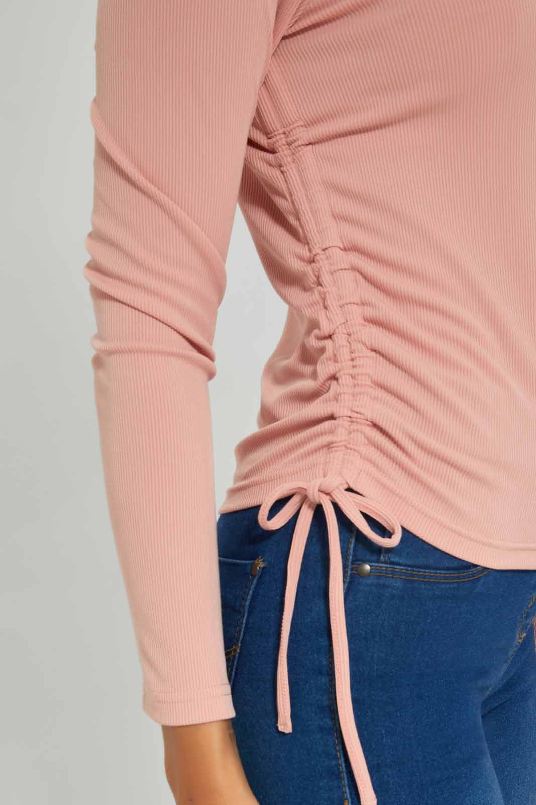 Redtag-Women-Long-Sleeve-Side-Ruched-Tshirt-Category:T-Shirts,-Colour:Apricot,-Deals:New-In,-Dept:Ladieswear,-Filter:Women's-Clothing,-New-In-Women-APL,-Non-Sale,-S23A,-Section:Women,-TBL,-Women-T-Shirts-Women's-