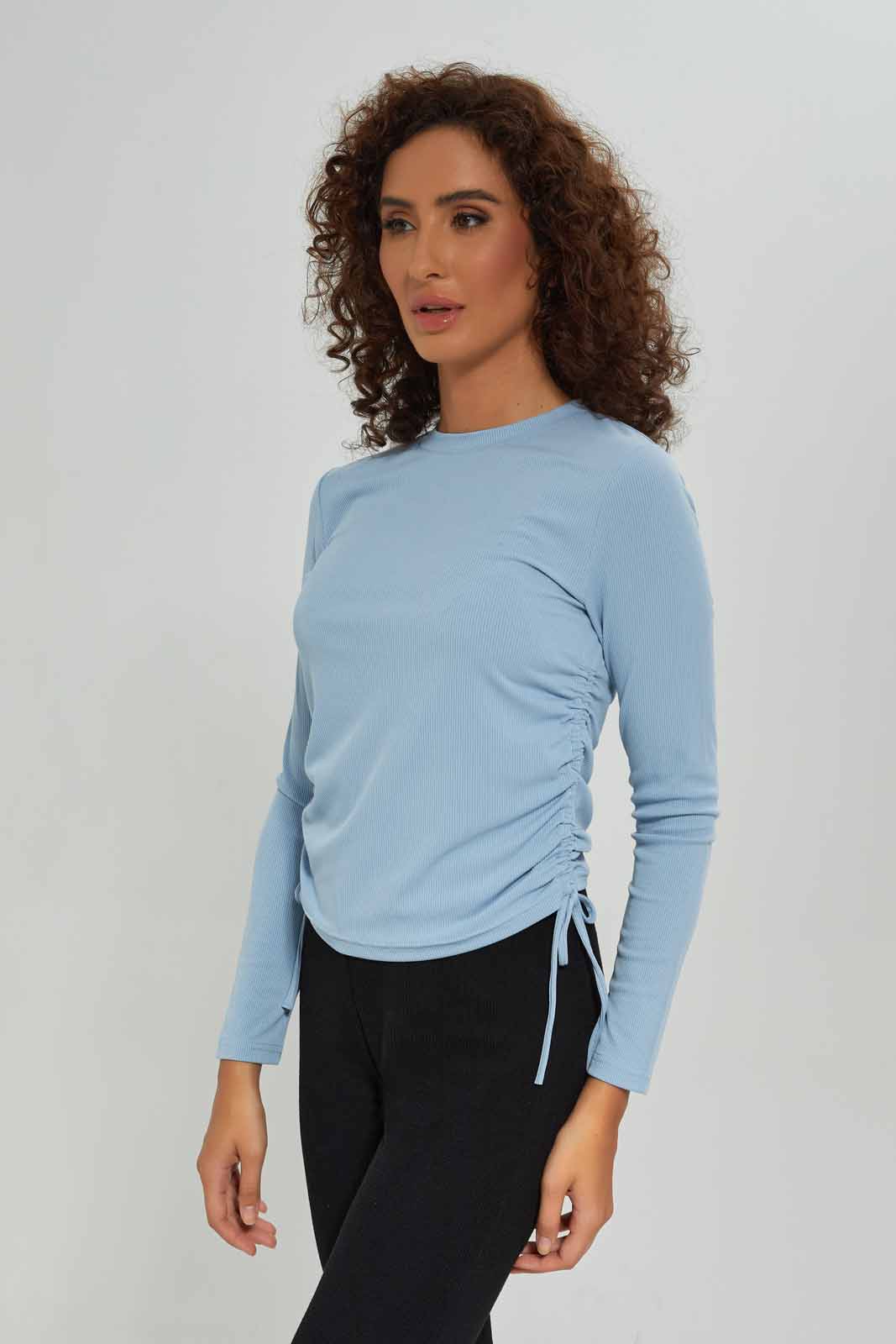 Redtag-Women-Long-Sleeve-Side-Ruched-Tshirt-Category:T-Shirts,-Colour:Stonewash,-Deals:New-In,-Dept:Ladieswear,-Filter:Women's-Clothing,-New-In-Women-APL,-Non-Sale,-S23A,-Section:Women,-TBL,-Women-T-Shirts-Women's-