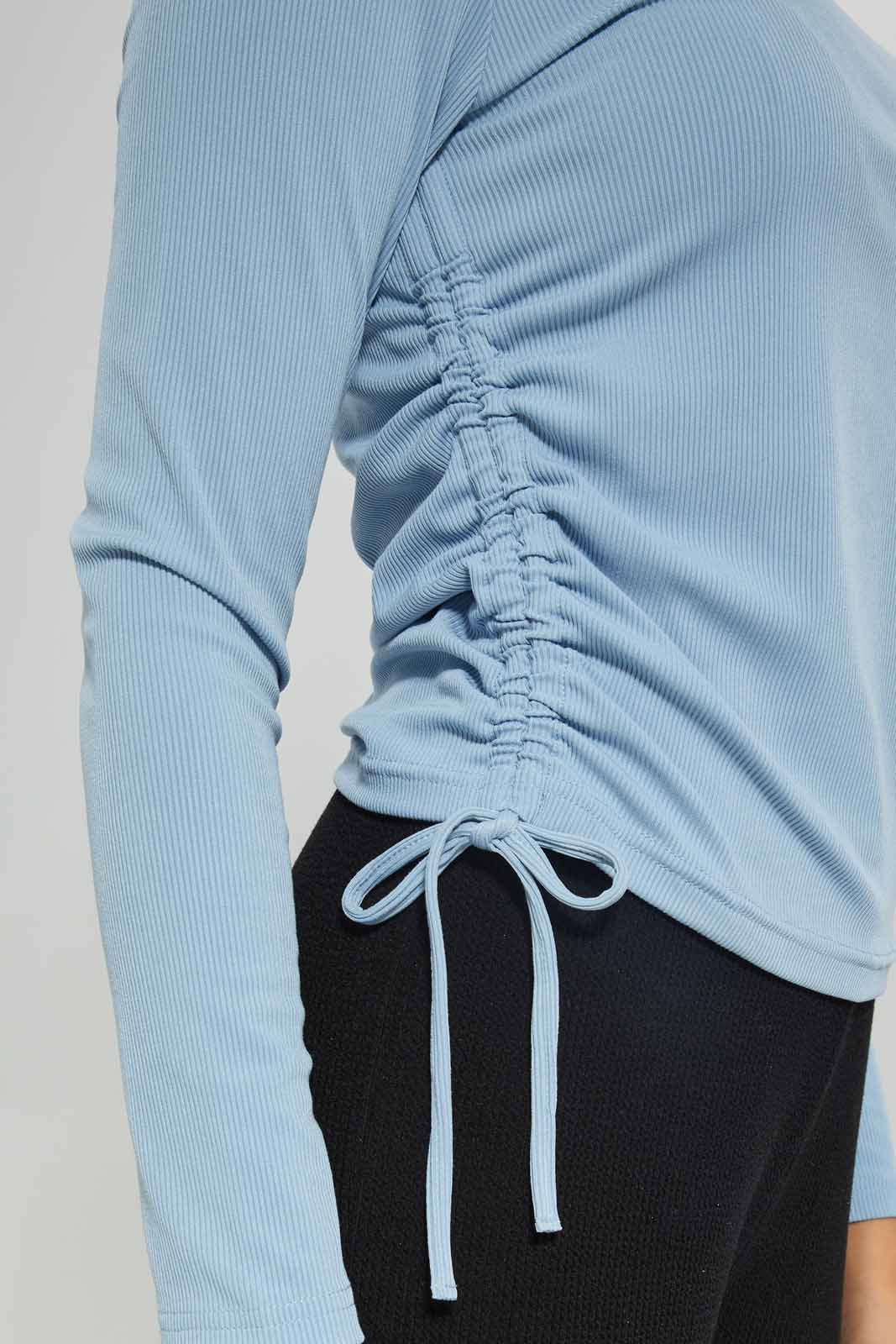 Redtag-Women-Long-Sleeve-Side-Ruched-Tshirt-Category:T-Shirts,-Colour:Stonewash,-Deals:New-In,-Dept:Ladieswear,-Filter:Women's-Clothing,-New-In-Women-APL,-Non-Sale,-S23A,-Section:Women,-TBL,-Women-T-Shirts-Women's-