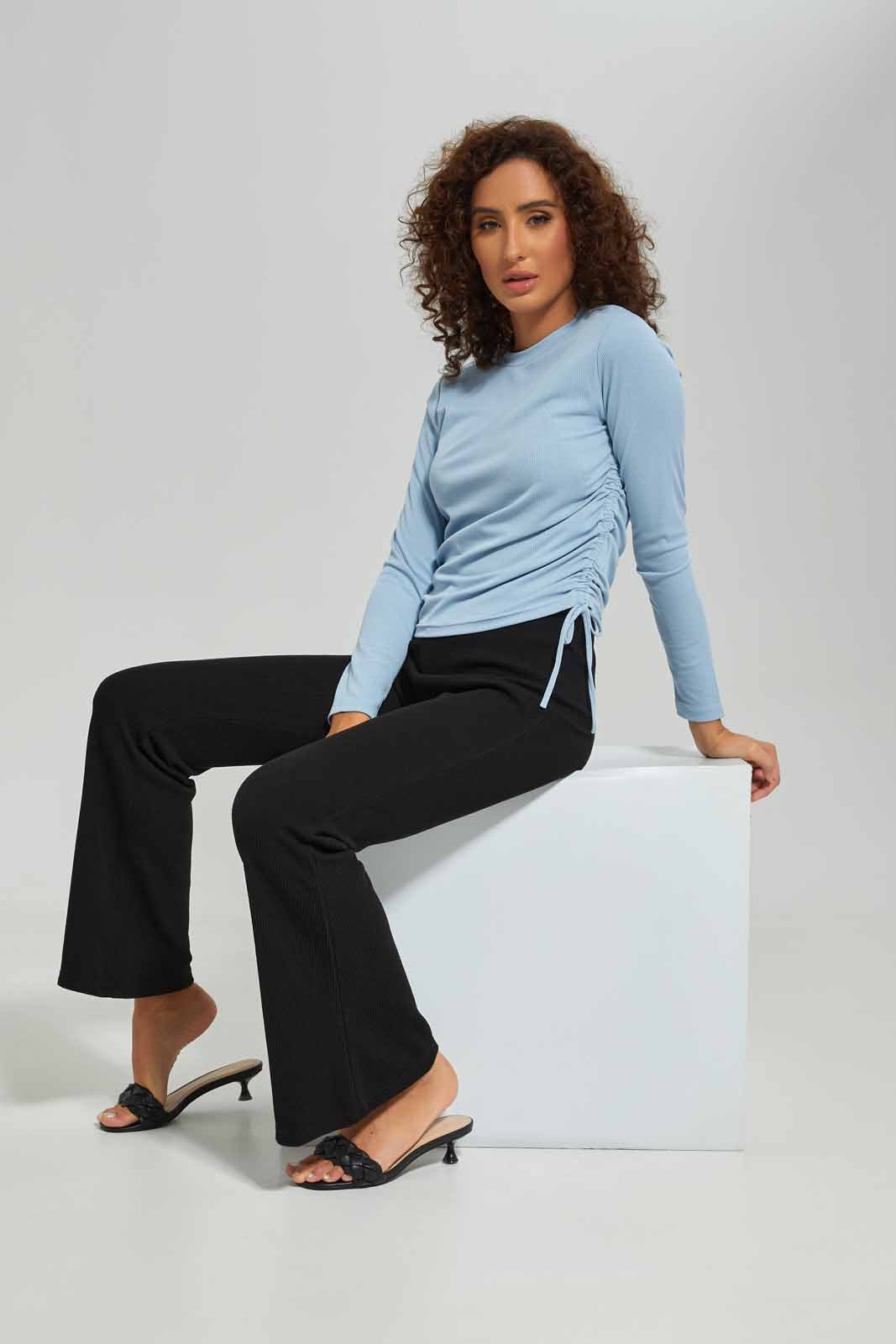 Redtag-Women-Long-Sleeve-Side-Ruched-Tshirt-Category:T-Shirts,-Colour:Stonewash,-Deals:New-In,-Dept:Ladieswear,-Filter:Women's-Clothing,-New-In-Women-APL,-Non-Sale,-S23A,-Section:Women,-TBL,-Women-T-Shirts-Women's-