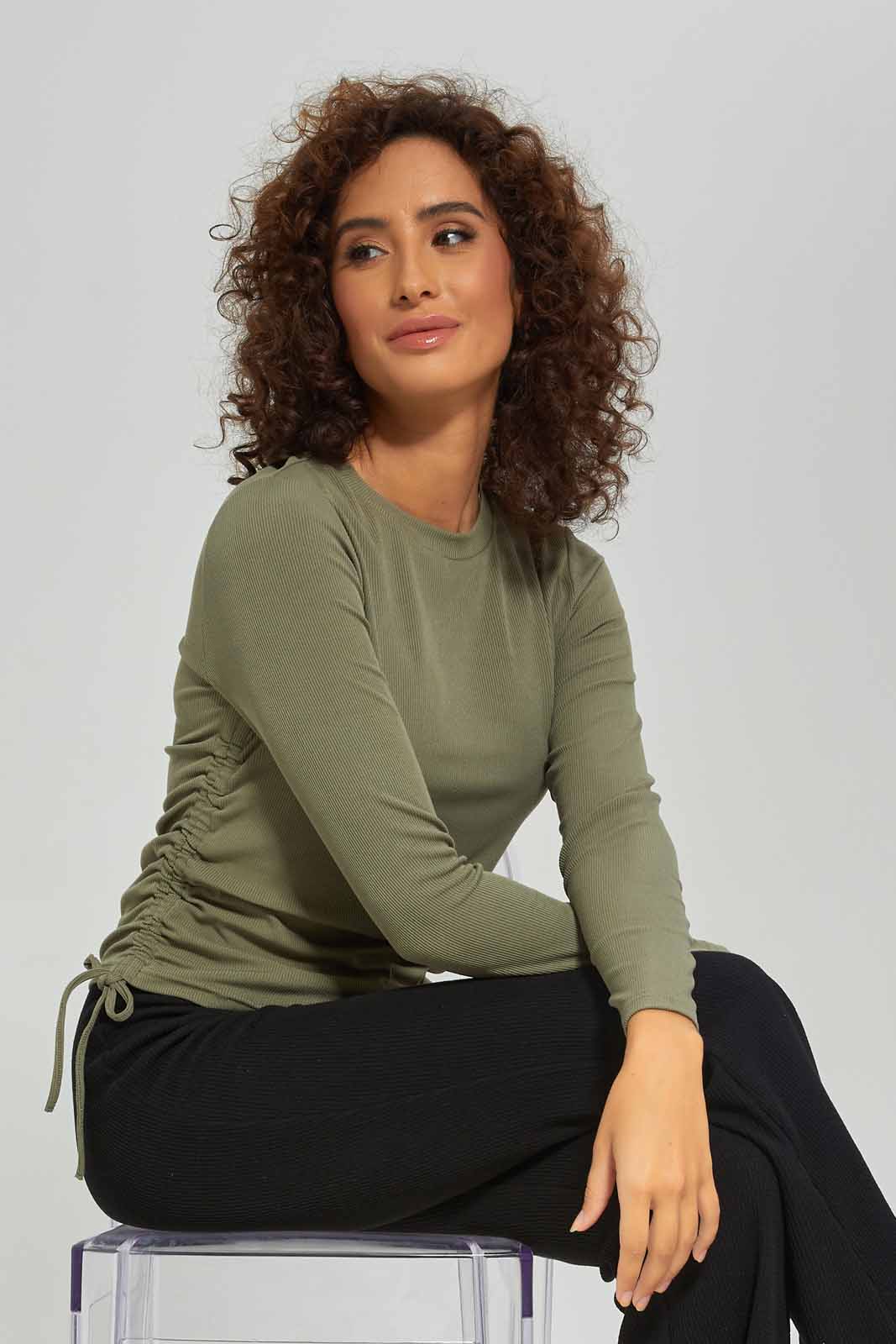Redtag-Women-Long-Sleeve-Side-Ruched-Tshirt-Category:T-Shirts,-Colour:Green,-Deals:New-In,-Dept:Ladieswear,-Filter:Women's-Clothing,-New-In-Women-APL,-Non-Sale,-S23A,-Section:Women,-TBL,-Women-T-Shirts-Women's-