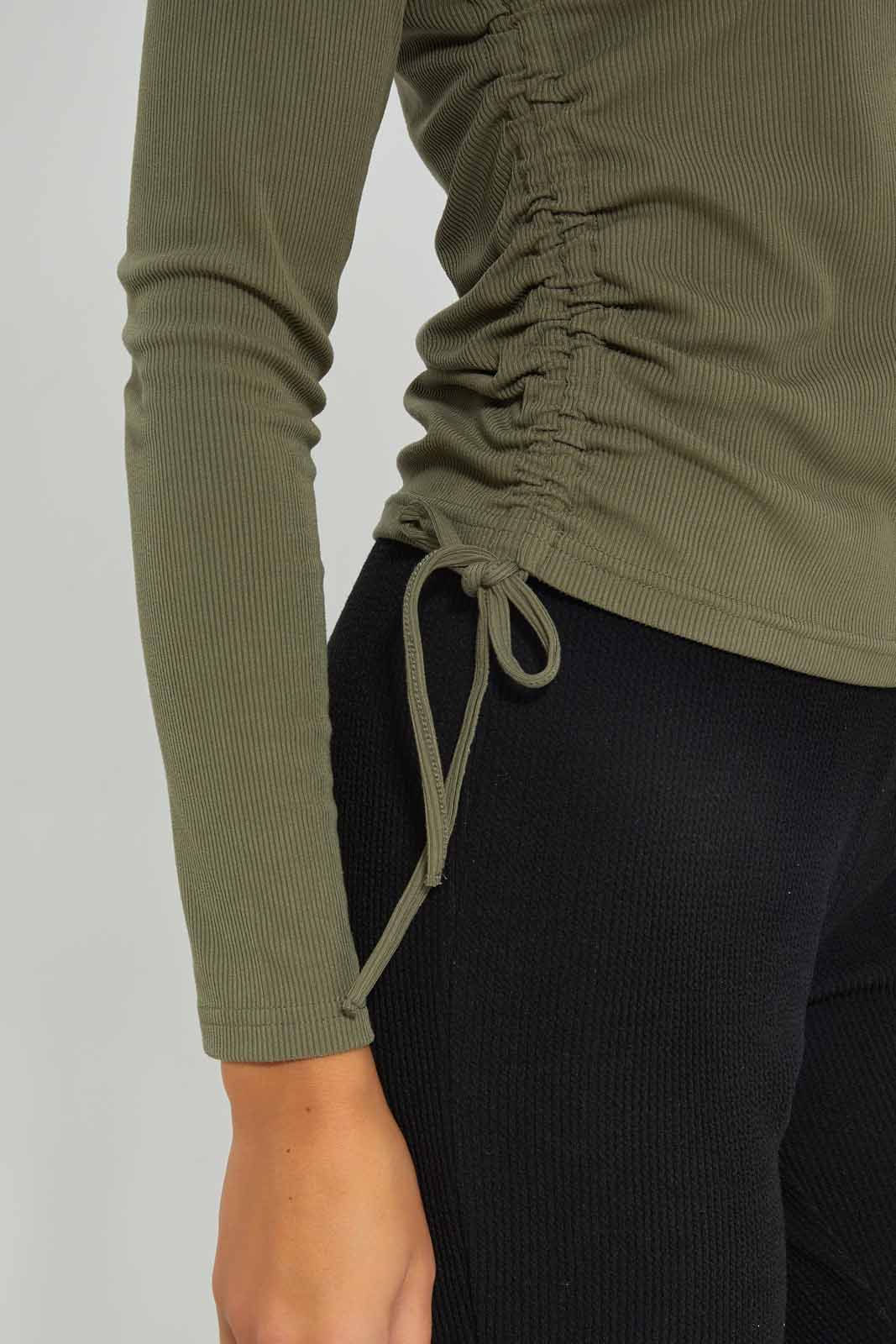 Redtag-Women-Long-Sleeve-Side-Ruched-Tshirt-Category:T-Shirts,-Colour:Green,-Deals:New-In,-Dept:Ladieswear,-Filter:Women's-Clothing,-New-In-Women-APL,-Non-Sale,-S23A,-Section:Women,-TBL,-Women-T-Shirts-Women's-