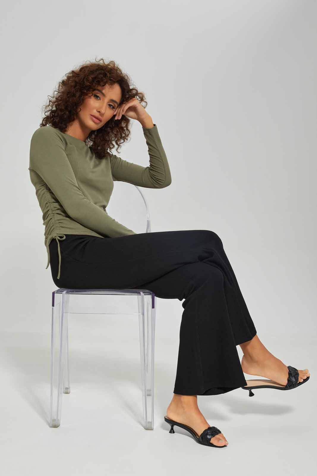 Redtag-Women-Long-Sleeve-Side-Ruched-Tshirt-Category:T-Shirts,-Colour:Green,-Deals:New-In,-Dept:Ladieswear,-Filter:Women's-Clothing,-New-In-Women-APL,-Non-Sale,-S23A,-Section:Women,-TBL,-Women-T-Shirts-Women's-