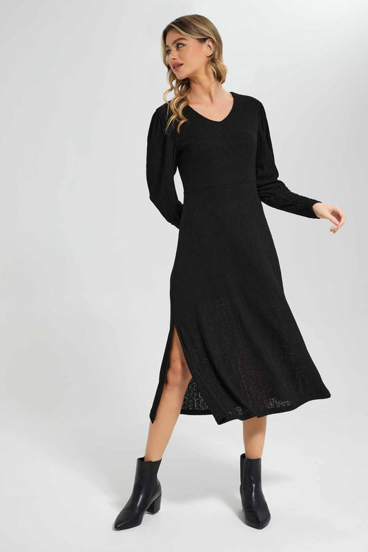 Redtag-Women-Black-Sleeve-Detail-Ribbed-Midi-Category:Dresses,-Colour:Black,-Deals:New-In,-Dept:Ladieswear,-Filter:Women's-Clothing,-New-In-Women-APL,-Non-Sale,-Section:Women,-W22B,-Women-Dresses-Women's-