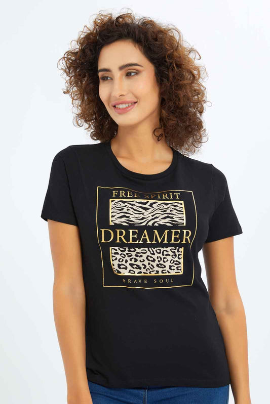 Redtag-Women-Black-Photographic-Print-T-Shirt-Category:T-Shirts,-Colour:Black,-Deals:New-In,-Dept:Ladieswear,-Filter:Women's-Clothing,-New-In-Women-APL,-Non-Sale,-S23A,-Section:Women,-TBL,-Women-T-Shirts-Women's-