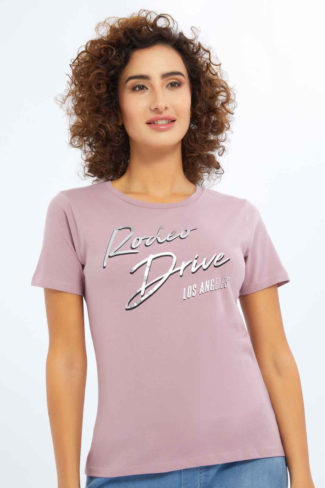 Redtag-Women-Mauve-Photographic-Print-T-Shirt-Category:T-Shirts,-Colour:Mauve,-Deals:New-In,-Dept:Ladieswear,-Filter:Women's-Clothing,-New-In-Women-APL,-Non-Sale,-S23A,-Section:Women,-TBL,-Women-T-Shirts-Women's-