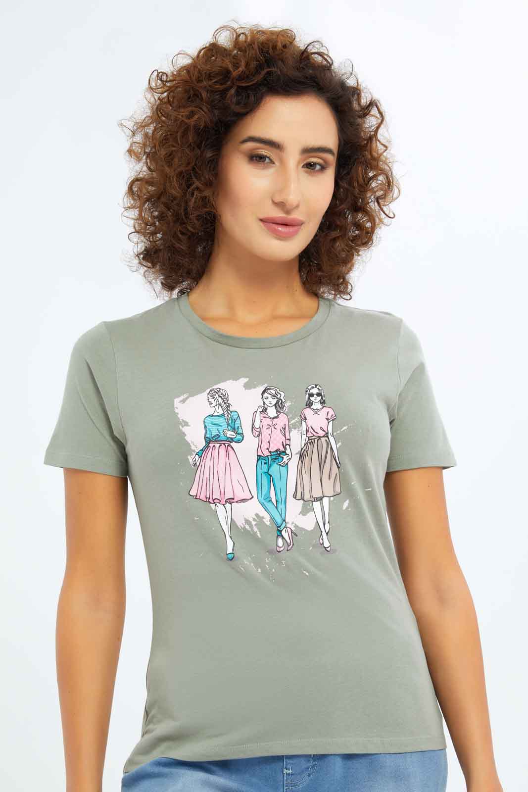Redtag-Women-Olive-Photographic-Print-T-Shirt-Category:T-Shirts,-Colour:Olive,-Deals:New-In,-Dept:Ladieswear,-Filter:Women's-Clothing,-New-In-Women-APL,-Non-Sale,-S23A,-Section:Women,-TBL,-Women-T-Shirts-Women's-