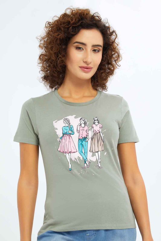 Redtag-Women-Olive-Photographic-Print-T-Shirt-Category:T-Shirts,-Colour:Olive,-Deals:New-In,-Dept:Ladieswear,-Filter:Women's-Clothing,-New-In-Women-APL,-Non-Sale,-S23A,-Section:Women,-TBL,-Women-T-Shirts-Women's-