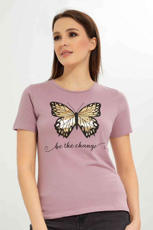 Redtag-Women-Mauve-Photographic-Print-T-Shirt-Category:T-Shirts,-Colour:Mauve,-Deals:New-In,-Dept:Ladieswear,-Filter:Women's-Clothing,-New-In-Women-APL,-Non-Sale,-S23A,-Section:Women,-TBL,-Women-T-Shirts-Women's-