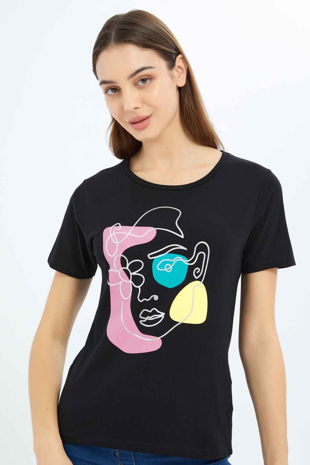 Redtag-Women-Black-Photographic-Print-T-Shirt-Category:T-Shirts,-Colour:Black,-Deals:2-FOR-37,-Deals:New-In,-Dept:Ladieswear,-Filter:Women's-Clothing,-New-In-Women-APL,-Non-Sale,-S23A,-Section:Women,-TBL,-Women-T-Shirts-Women's-